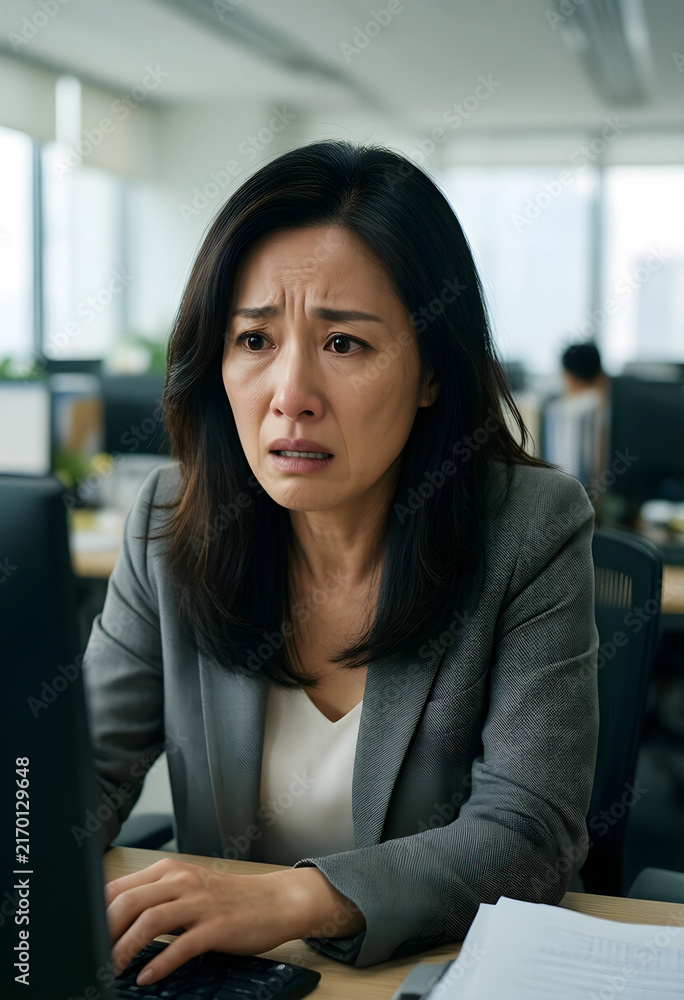Obraz premium Workplace stress and anxiety, overwhelmed asian businesswoman crying at her computer in a modern office
