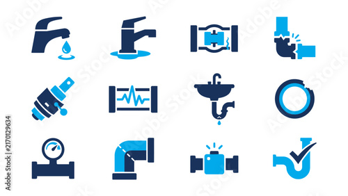 Water pipe plumbing system featuring faucets valves in colors