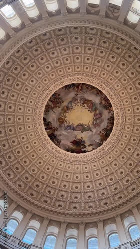 Spinning upward view inside the U.S. Capitol dome in Washington, DC, featuring the ornate rotunda and historic Apotheosis of Washington fresco. 15343  