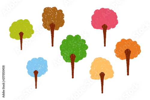 Cute Botanical Hand Drawn Oil Pastel Textured Trees Set on Transparent Background