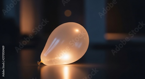 Glowing white balloon illuminated from within on a dark surface in a moody interior setting