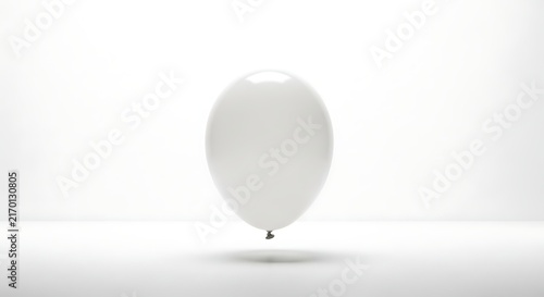 Elegant single white balloon floating gracefully against a clean, minimalist studio background, symbolizing purity and celebration
