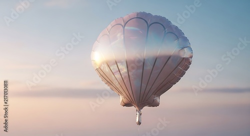 Reflective Giant Scallop Balloon Soaring Through a Peaceful and Colorful Horizon at Dusk