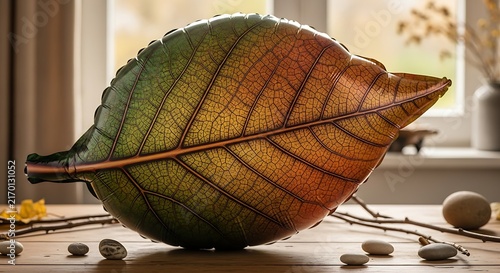 Autumnal Leaf Sculpture A Vivid Gradient of Fall Colors on Rustic Wood, Embodying Seasonal Beauty
