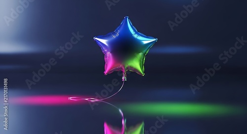 Shiny Star Balloon with Neon Colors Reflecting on a Dark Surface