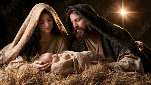 Mary and Joseph rejoice at the coming of the child Jesus.