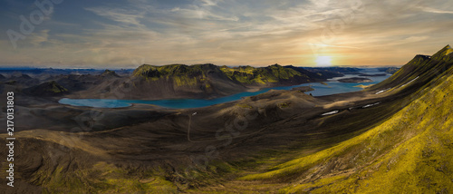 Obraz na plátně Panoramic aerial view of Skaftarhreppur with turquoise glacial lakes and moss-co