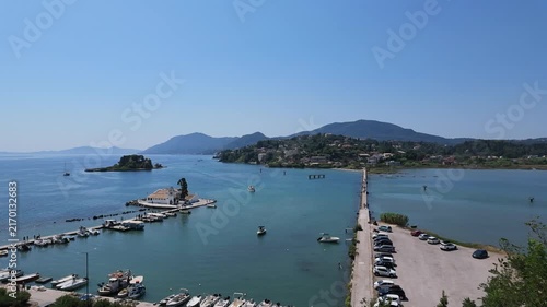 4K Timelapse capturing movement along planespotting causeway with boat passing near Corfu Airport, Greece