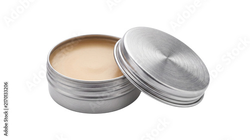 Natural lip balm in aluminum tin, organic beeswax salve in metal container, cosmetic skin care ointment for beauty branding isolated PNG with Transparent Background