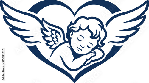 Cute sleeping baby angel cherub vector illustration framed inside a winged heart shape