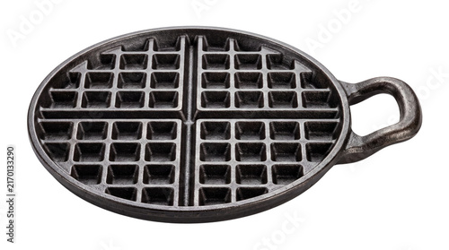 Vintage cast iron waffle iron plate, rustic round metal baking mold, antique kitchenware for traditional breakfast cooking isolated PNG with Transparent Background