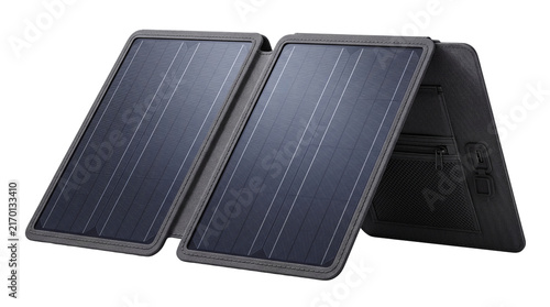 Portable solar panel for outdoor charging, foldable photovoltaic solar charger, compact renewable energy equipment for camping isolated PNG with Transparent Background
