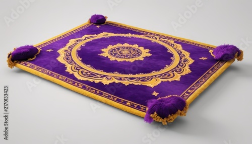 Elegant purple and gold prayer mat with intricate design and pom-pom accents