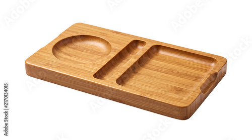 Natural bamboo serving tray with compartments, eco-friendly wooden snack platter, sustainable timber food organizer for kitchen and dining isolated PNG with Transparent Background