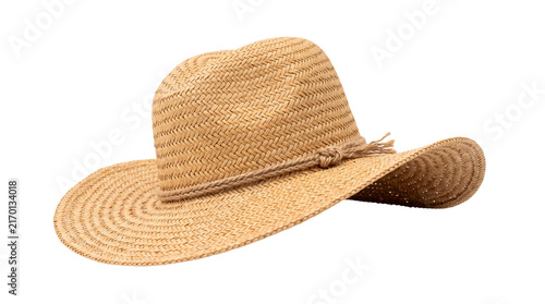 Classic straw sun hat with wide brim, woven tan summer fedora for beach travel, stylish panama headwear for vacation sun protection isolated PNG with Transparent Background