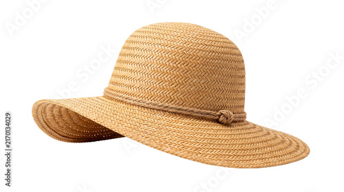 Classic straw sun hat with wide brim, elegant summer beach headwear for women, woven tan sunhat with rope detail isolated PNG with Transparent Background