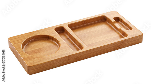 Natural bamboo serving tray with compartments, eco-friendly wooden organizer for snacks and drinks, sustainable wood platter for home hosting isolated PNG with Transparent Background