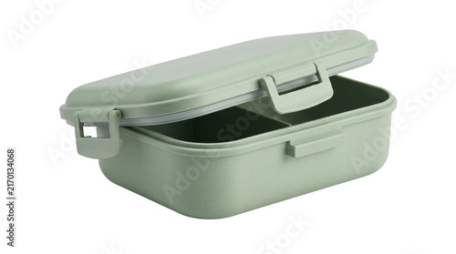 Sage green plastic lunch box with compartments, reusable food storage container for meal prep, eco-friendly bento box for school or office isolated PNG with Transparent Background