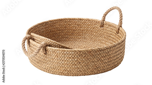 Rustic woven jute basket with rope handles, natural fiber storage bin for home organization, handmade braided hemp tray isolated PNG with Transparent Background