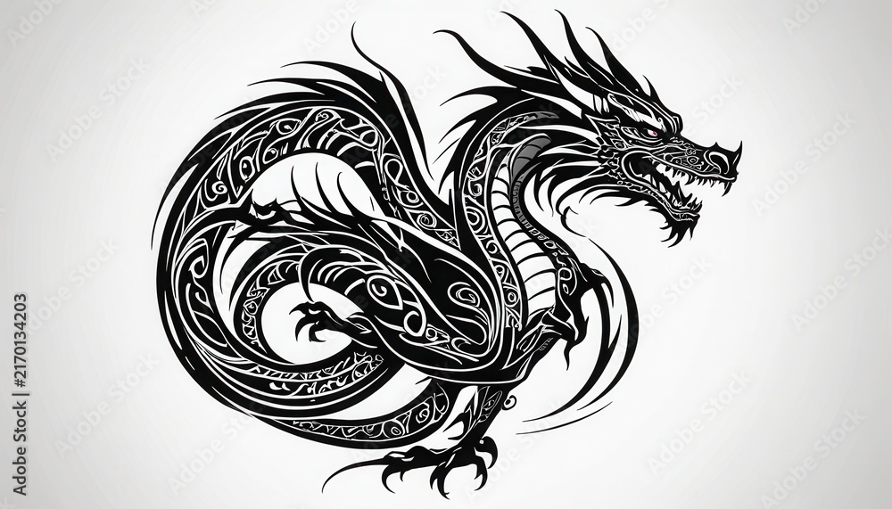 Fototapeta premium Intricate Tribal Style Black and White Dragon Tattoo Design Illustration