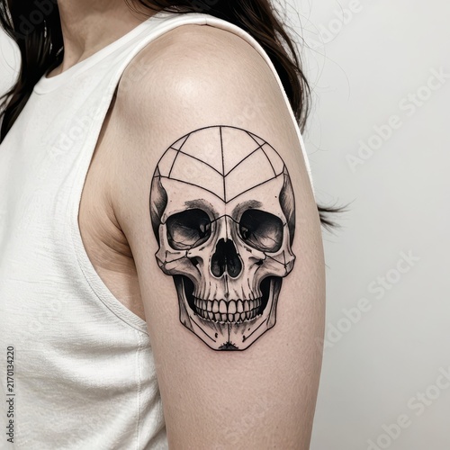 Artistic Skull Tattoo on Woman's Upper Arm Featuring Geometric Design