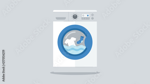 Flat design vector illustration of a front-loading washing machine with clothes and water inside the drum on a grey background.