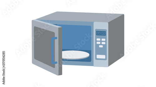 Flat design vector illustration of a silver microwave oven with an open door and digital display, isolated on white.