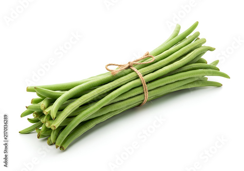 Bundle of fresh yardlong beans (kacang panjang) tied with twine, isolated on white background