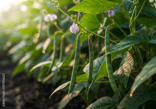 Fresh yardlong beans (kacang panjang) growing on the vine with purple flowers in a sunlit garden with morning dew.