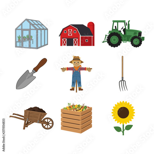 Fotografía Set of Colorful Farm Equipment and Gardening Tools Flat Vector Icons for Agricul