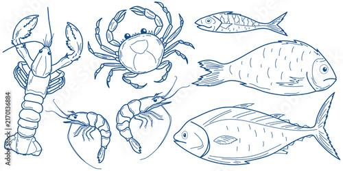 Foto Seafood and fish collection with lobster, crab, shrimp and several whole fish fo