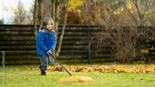 Young child helps rake fallen leaves in the backyard on an autumn day. Kid holding a garden rake outdoors, seasonal yard work and family gardening concept.