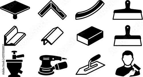 Drywall and plastering icon set in a flat silhouette style including trowel, putty knife, corner bead, level, sanding block, orbital sander and worker.
