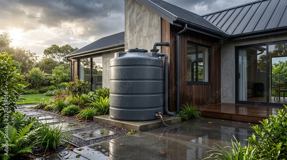 Obraz premium Gray rainwater tank stands beside a modern home after a recent rainfall
