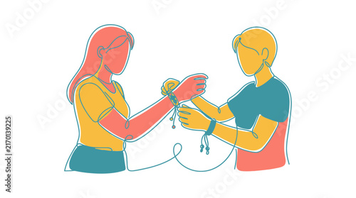 Continuous Line Drawing of Friends Tying Friendship Bracelets