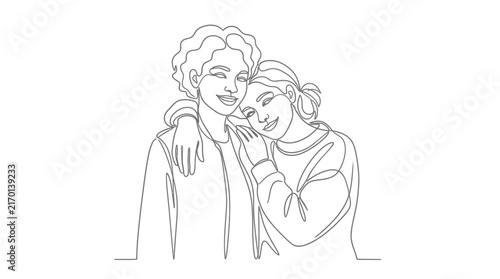 Continuous Line Drawing of Two Young Women Embracing