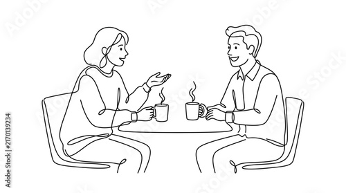Continuous line drawing of a couple talking over coffee