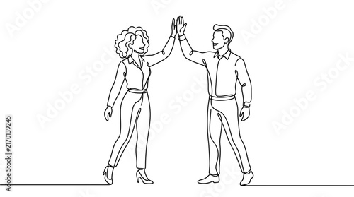 Continuous line drawing of business colleagues giving a high five