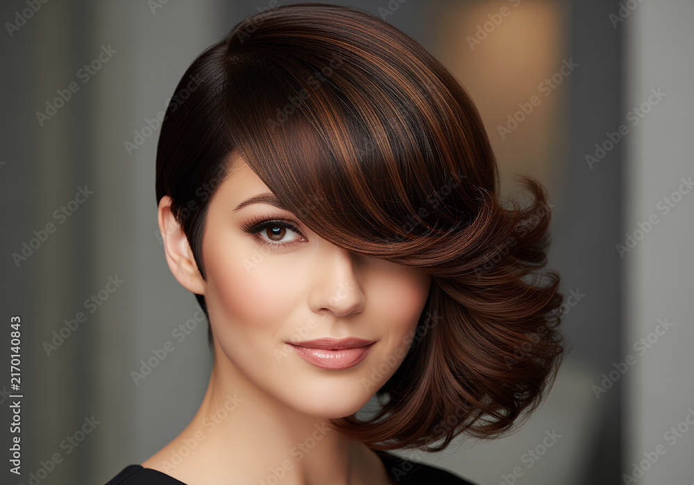 Fototapeta premium Beautiful model with modern dark brown bob haircut and makeup
