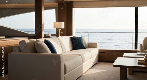 Luxurious interior of a yacht with sofa, ocean view, & light