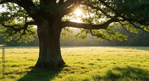 Majestic oak tree bathed in sunlight over grassy meadow