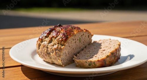 Meatloaf on white plate, cut open, on wooden table outside