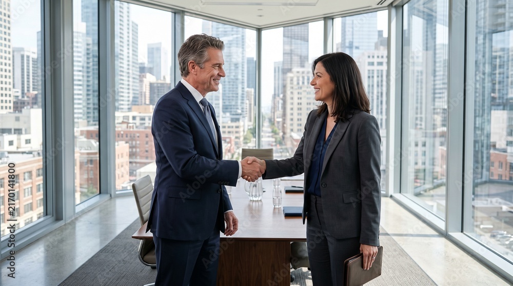 Fototapeta premium Business professionals shaking hands in a modern office with city skyline view