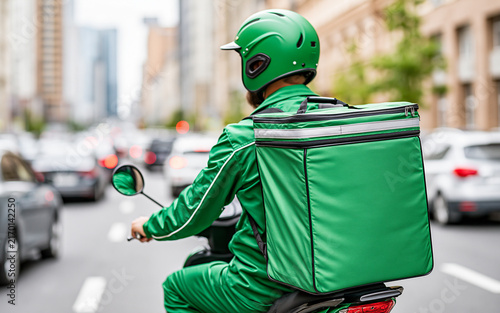 Delivery courier on motorcycle with green thermal backpack riding through city street