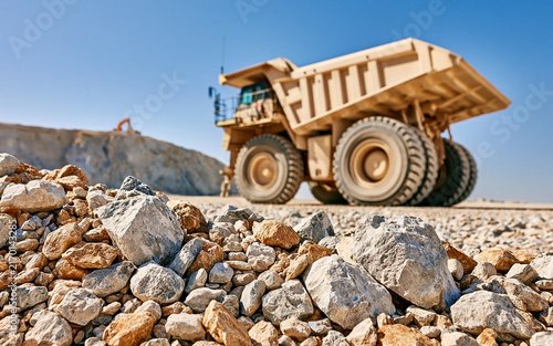 Large pile of crushed stones with dump truck at construction site