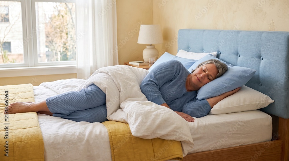 Fototapeta premium Larger-bodied adult settling into comfortable side sleep