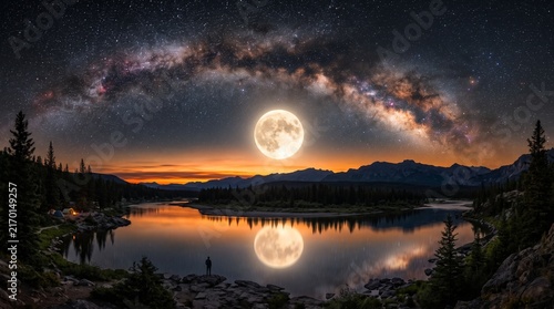 Stunning moonlit lake reflection under Milky Way galaxy with mountain silhouette and serene forest night scene