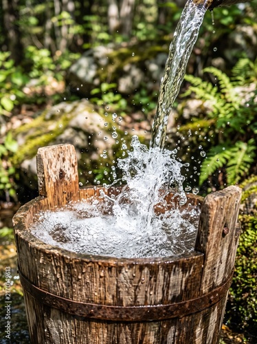 Rustic wooden barrel fountain pouring clear water into lush green forest setting with natural sunlight and serene atmosphere