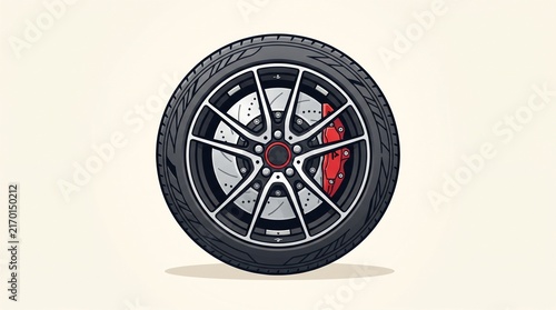 Premium automotive wheel and tire in flat design with brake components and tread details, representing performance, safety, engineering and vehicle maintenance.