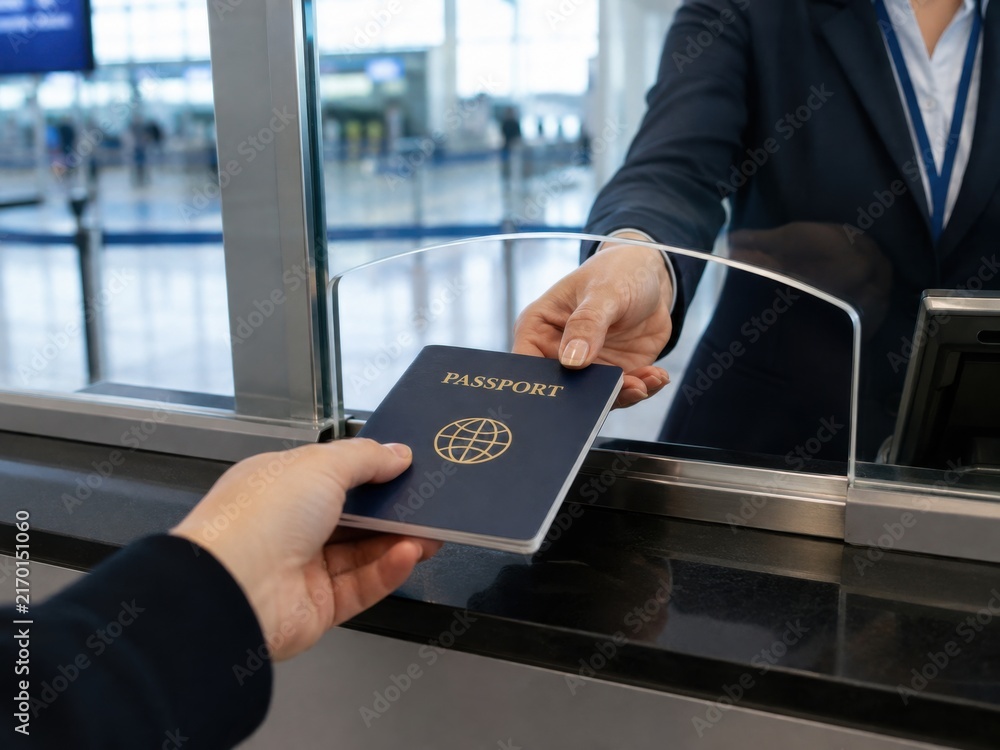 Naklejka premium A close-up view showing a person handing a dark blue passport to an airport official at a counter.